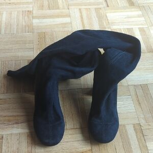 Zara Over The Knee Navy Fabric Block Heel Boot